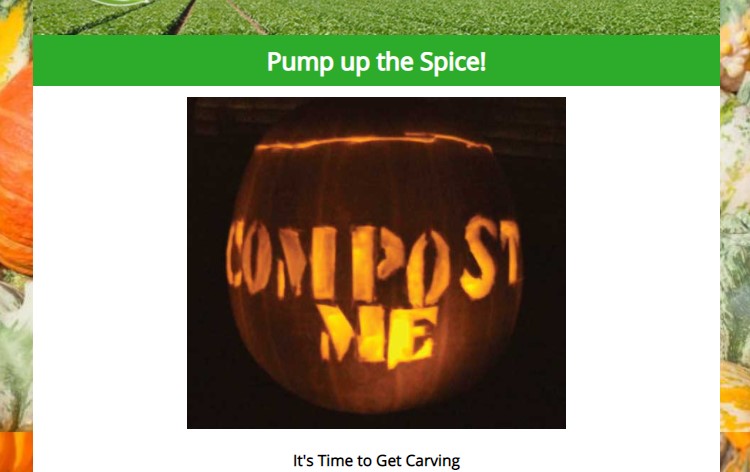 Image of newsletter. Compost Me carved into a pumpkin
