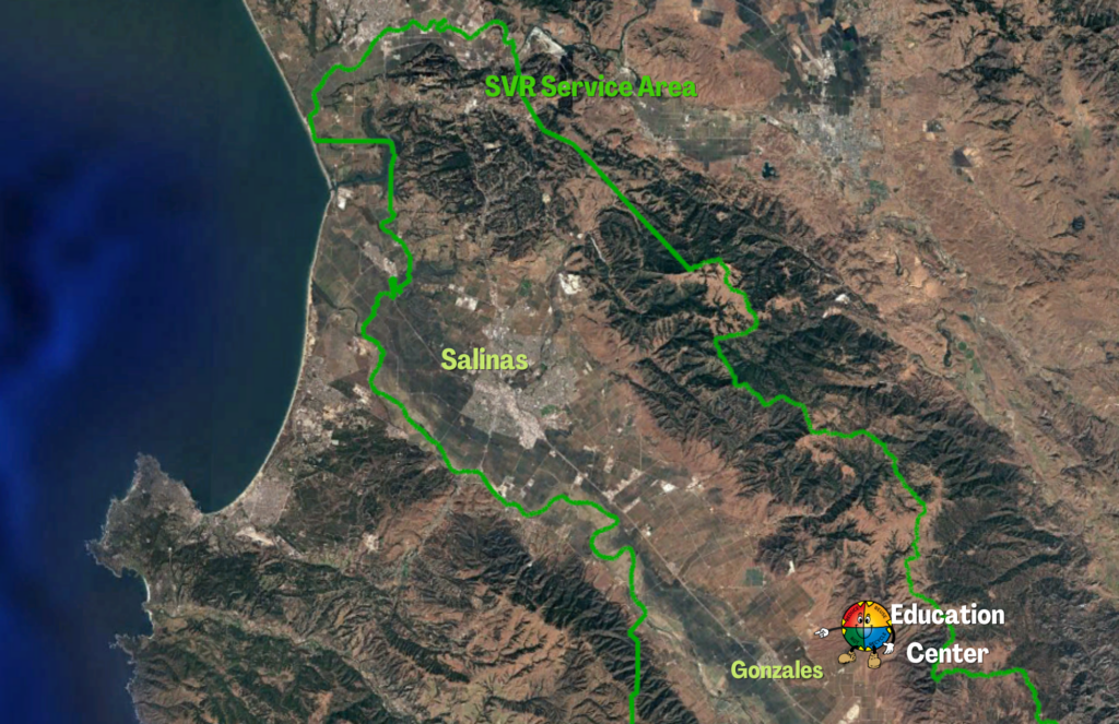 Location of Education Center on an aerial photo of Monterey County with the SVR service area shown.