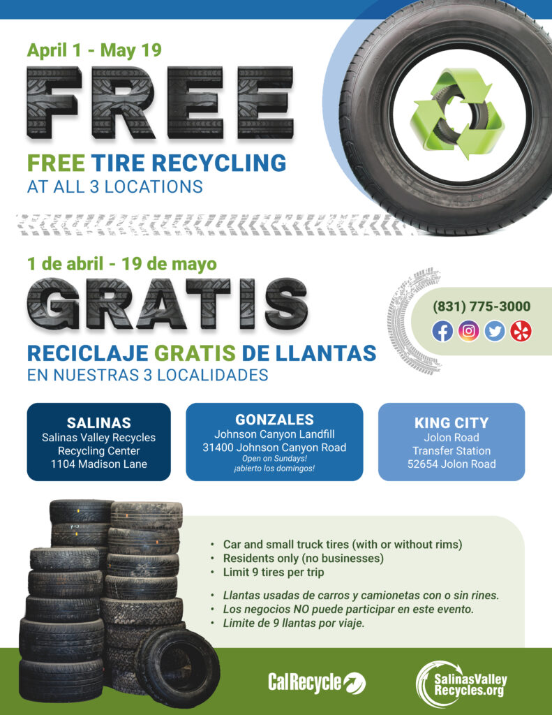 SVR Tire Amnesty Flyer. Free tire recycling events at all three areas April 1 - May 19th 2024