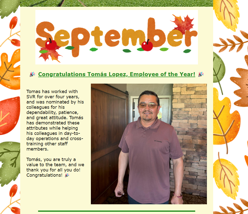 Screenshot of September 2024 E-Newsletter that features SVR's Employee of the month, Tomas Lopez.